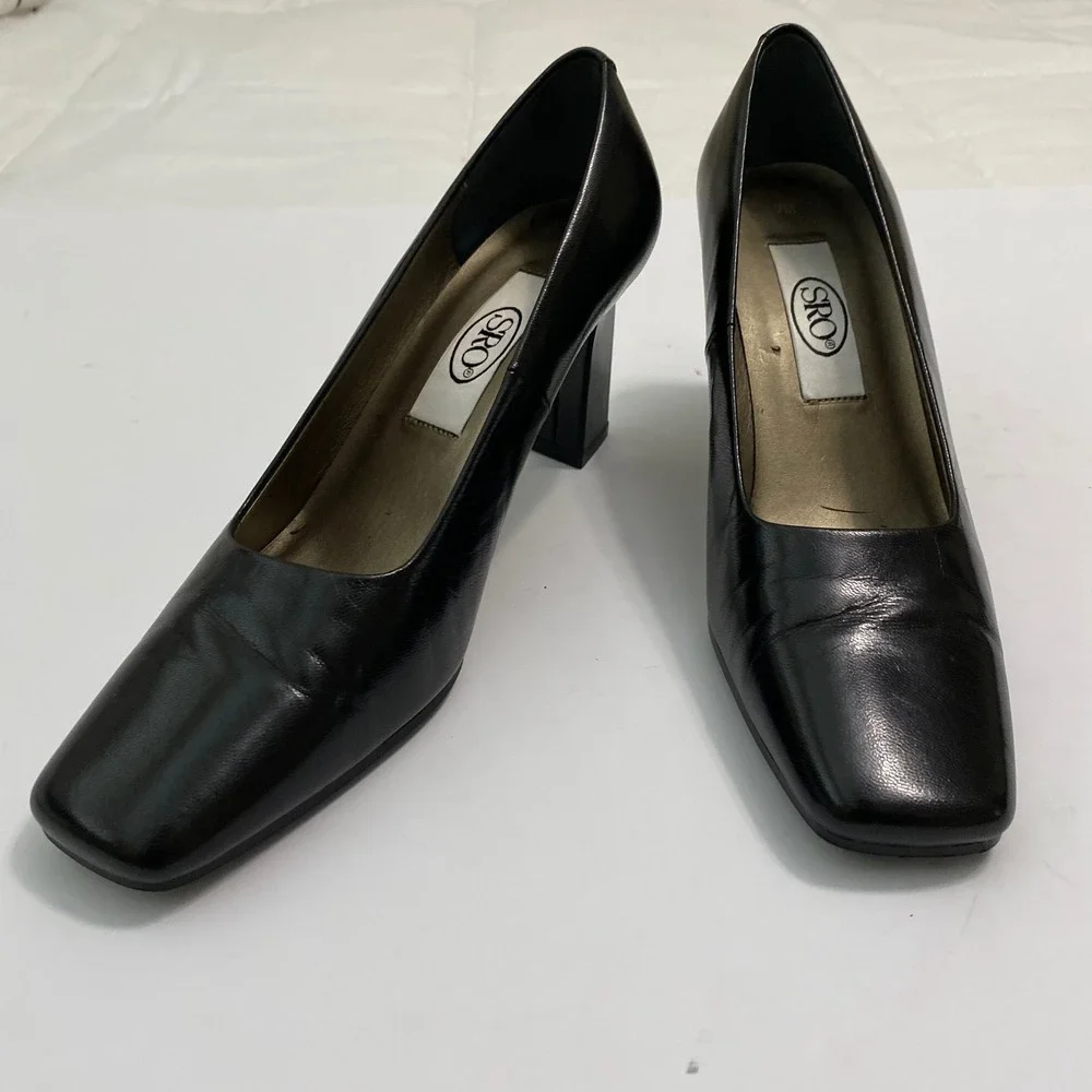 SRO Block Heel Pumps Womens 7 Black 90s Vintage Square Toe Corporate  Shoes